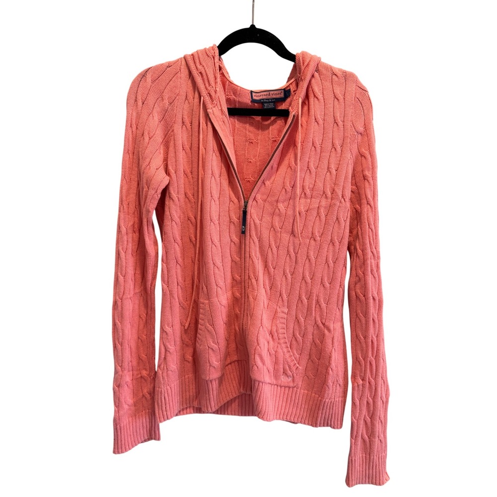 Vineyard Vines Womens Cable Knit Cotton Cashmere Zip Hoodie Sweater Pink Large L